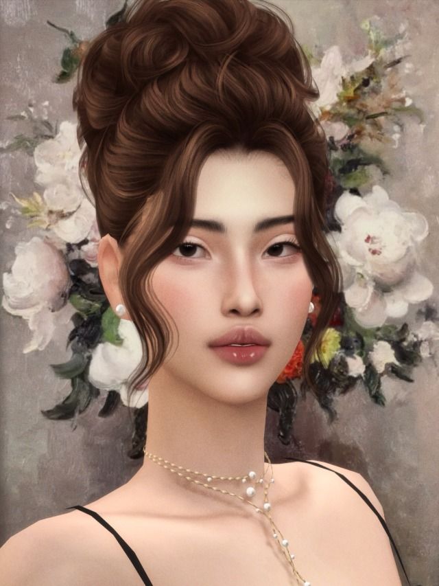 a digital painting of a woman with flowers in her hair and pearls on her necklace