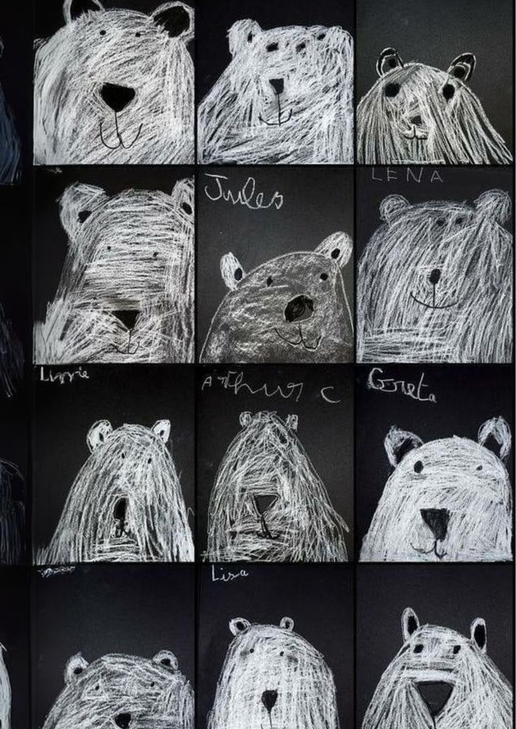 several drawings of polar bears on black paper