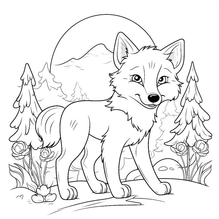 a wolf standing in the woods with trees and flowers around it, coloring page for adults