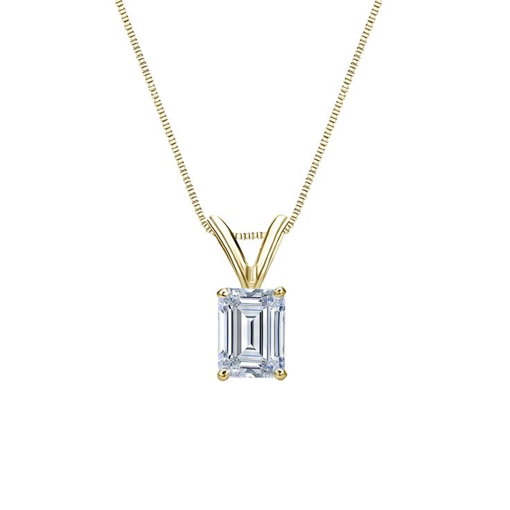 This beautiful solitaire pendant features a 0.50 ct. total weight emerald-cut natural diamond in 14k yellow gold 4-prong basket setting. The pendant comes with a matching 18-inch box chain that secures with a spring ring clasp. Black Diamond Pendant, Diamond Solitaire Pendant, Black Diamond Studs, Halo Diamond Earrings, Solitaire Diamond Pendant, Diamond Pendants Designs, Colored Diamond Rings, Basket Setting, Diamond Solitaire Necklace