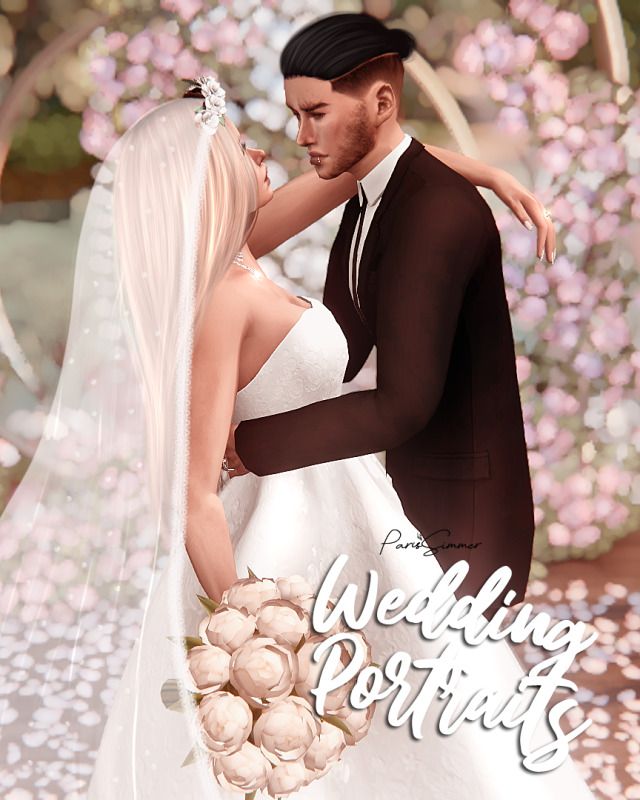 a man and woman standing next to each other in front of a floral background with the words wedding portraits on it