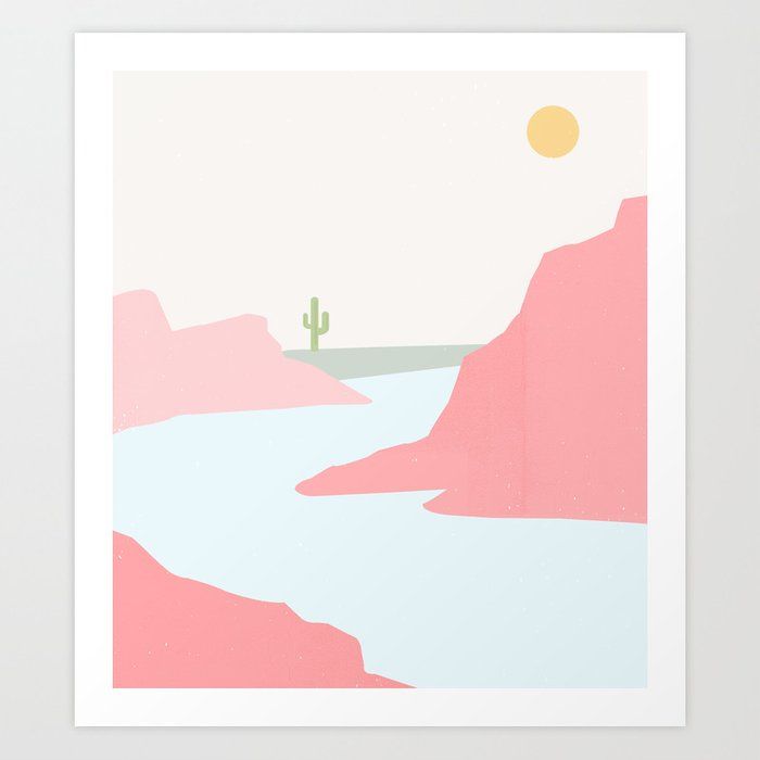 a pink and blue landscape with a cactus in the distance art print by artist ump