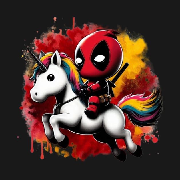 deadpool riding on top of a unicorn