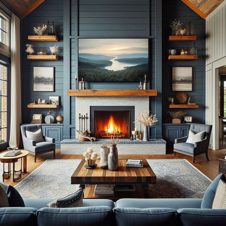 a living room filled with furniture and a fire place under a painting on the wall