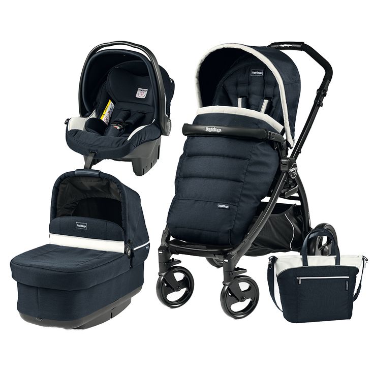 the baby stroller is black and white with two different types of items in it