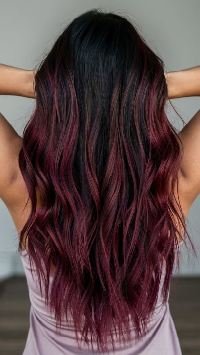 Maroon Baylage Hair, Chocolate Raspberry Balayage, Cherry Coca Cola Hair Color, Dark Cherry Hair On Brown Skin, Cherry Cola Hair Balayage, Hair Color Ideas For Brunettes With Red, Cherry Mocha Hair Color, Cherry Cola Hair With Highlights, Fun Hair Color Ideas For Brunettes Purple Red Highlights