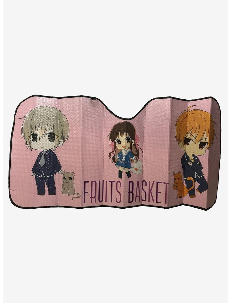 three anime characters on pink background with the words fruits basket