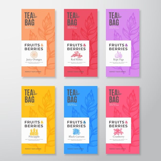 four different colored tea bags with leaves on the front and back, set of six