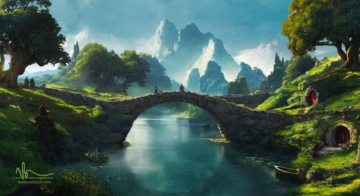 a painting of a bridge over a river with mountains in the background