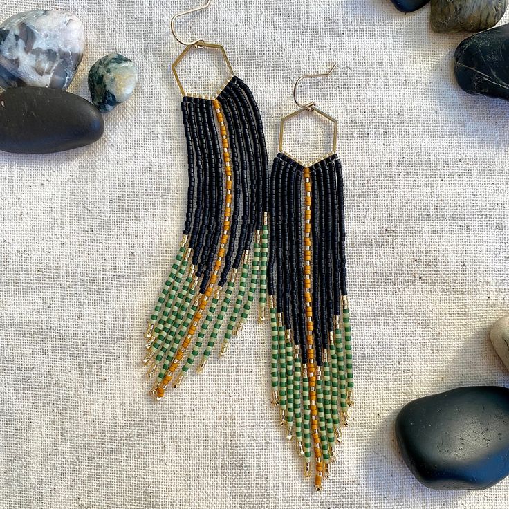 Handmade beaded earrings with 14kt gold fill ear wires Gold Dangling Heishi Beads Earrings, Artisan Gold Earrings With Beaded Fringe, Unique Gold Nickel-free Beaded Earrings, Arrowhead Beaded Earrings, Gold Artisan Beaded Fringe Earrings, Nickel-free Gold Beaded Brass Earrings, Seed Bead Fringe Earrings, Bead Fringe Earrings, Handmade Beaded Earrings