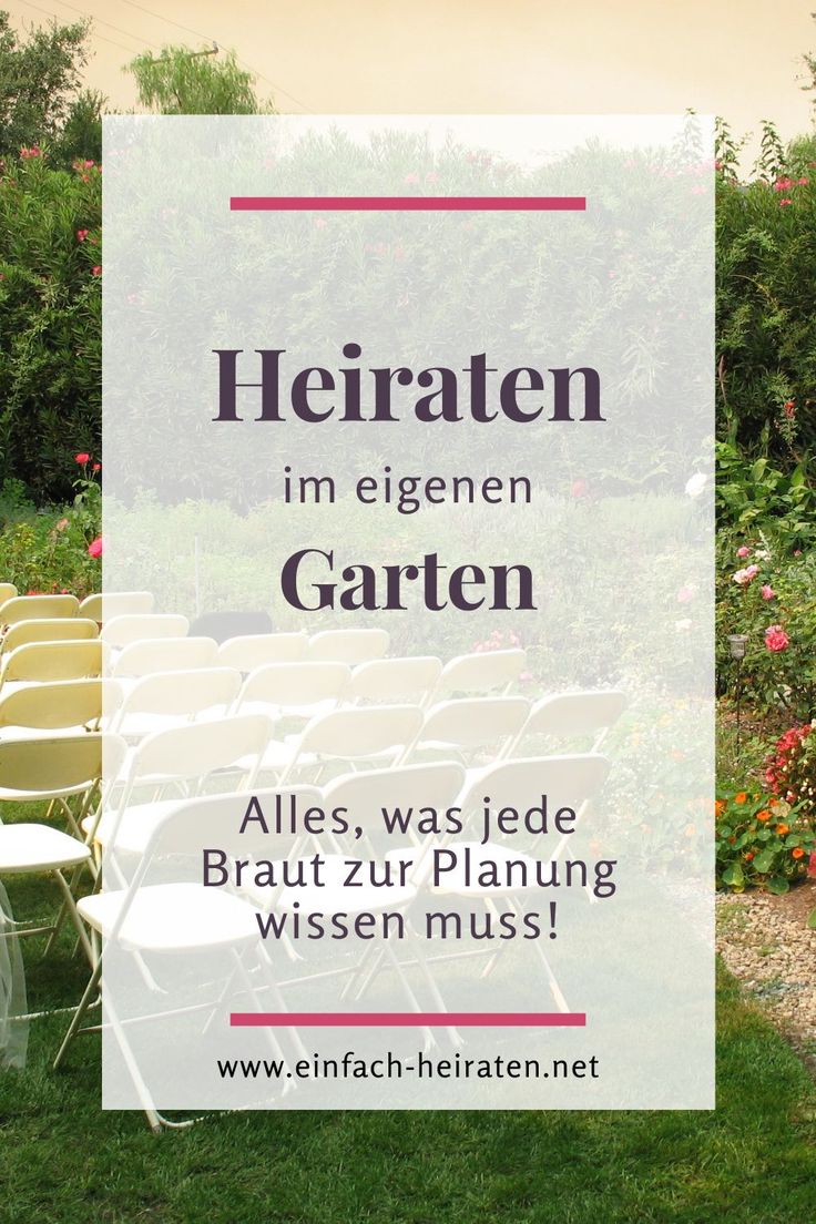 an outdoor ceremony with white chairs and pink flowers in the foreground, there is a sign that reads heiferaten im eigern garten