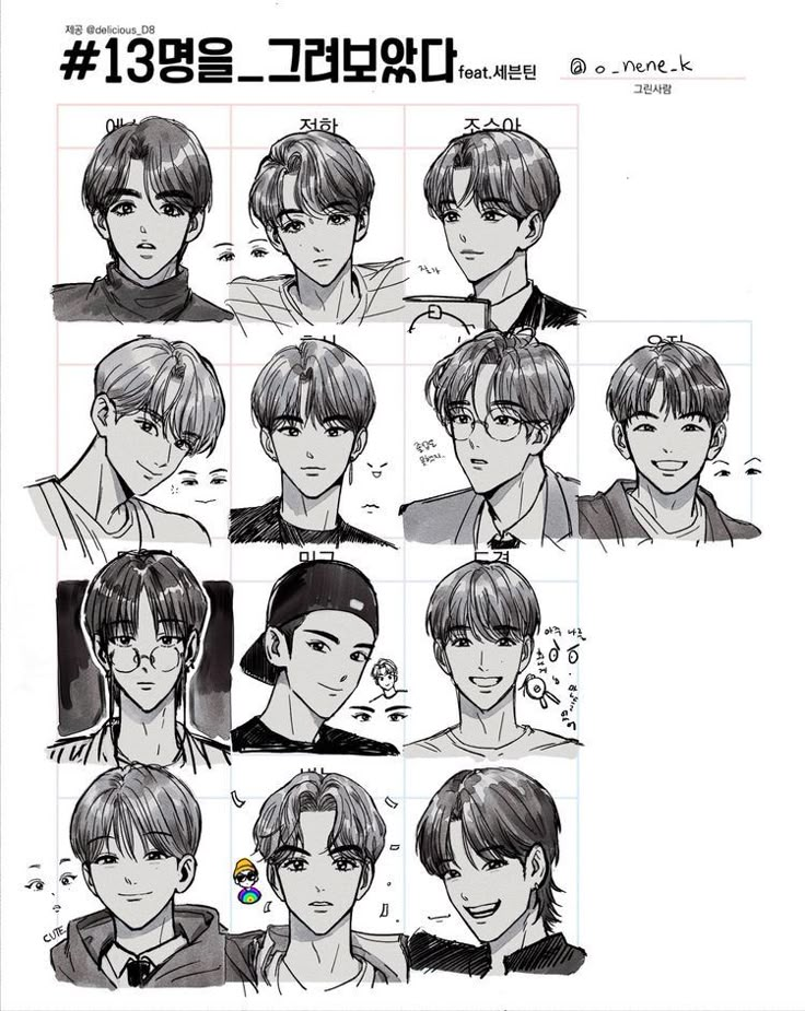 an anime character's face with different expressions and hair styles, all in black and white