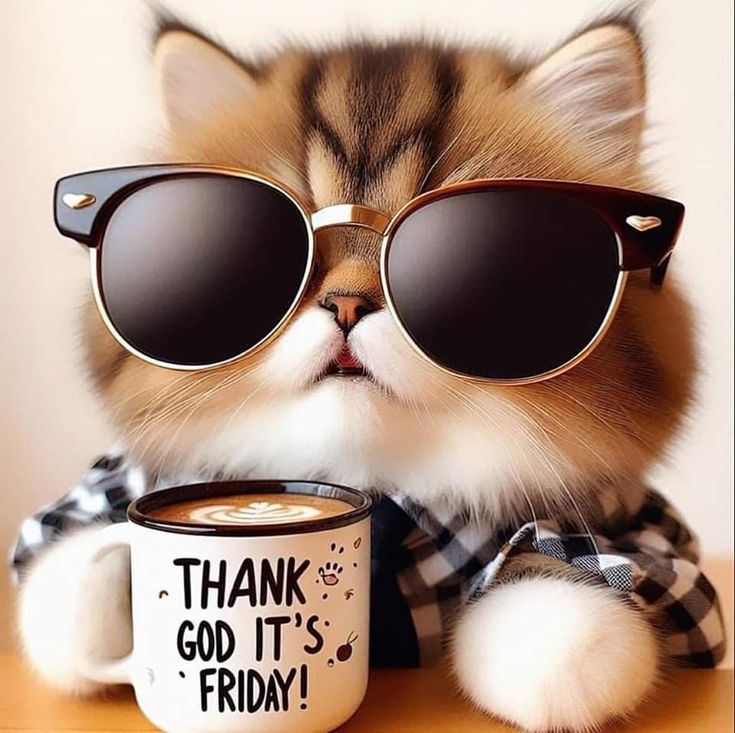 a cat wearing sunglasses and holding a coffee mug with the caption thank god it's friday