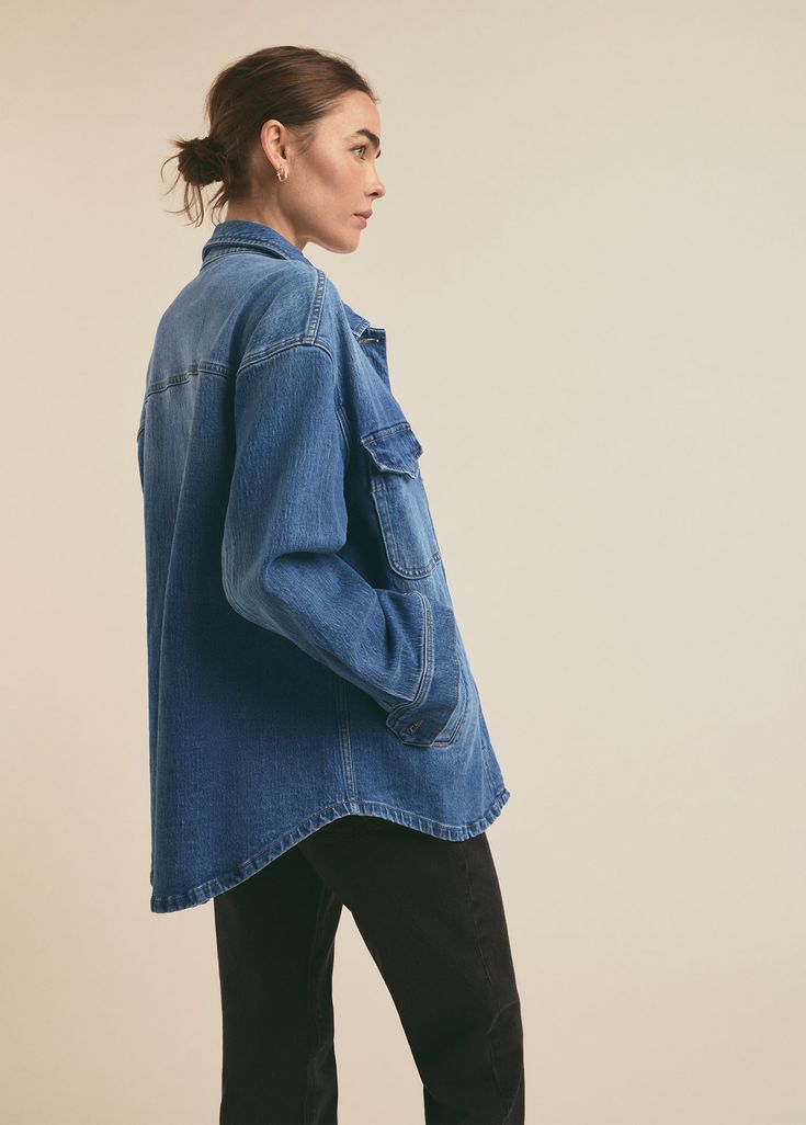 A shacket for all seasons. Cut from comfort-stretch denim, the Dad Shacket in Inez has been washed down to a classic blue with grit and texture creating highs and lows at the seams for a vintage look. It already feels broken in but will get even better with each wear.99% Cotton, 1% ElastaneBambi is 5'8" wearing size XS. Everyday Washed Blue Outerwear With Pockets, Casual Medium Wash Shacket With Pockets, Washed Blue Outerwear For Everyday In Fall, Everyday Washed Blue Outerwear For Fall, Medium Wash Denim Utility Jacket With Patch Pockets, Denim Outerwear With Patch Pockets And Relaxed Fit, Utility Style Washed Denim Jacket, Blue Washed Utility Jacket For Fall, Indigo Denim Jacket With Patch Pockets For Fall