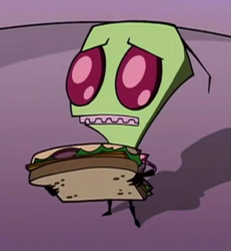 a cartoon character holding a sandwich in his hand