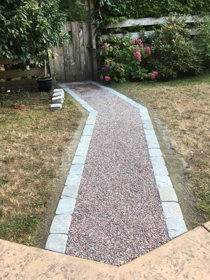 a gravel path leading to a wooden gate in the back yard with flowers on either side