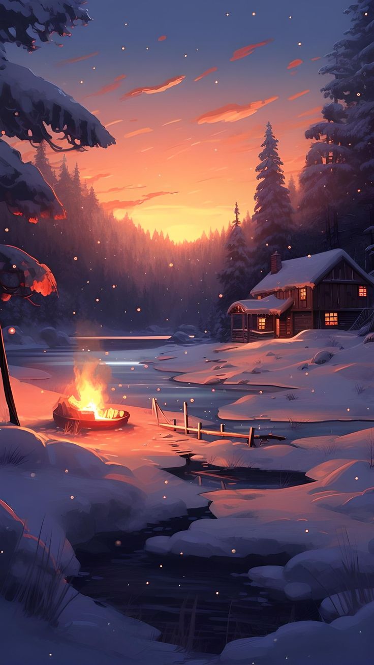 a winter scene with a campfire in the foreground