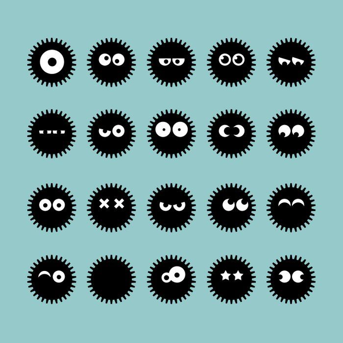 twelve black and white spiky shapes with eyes