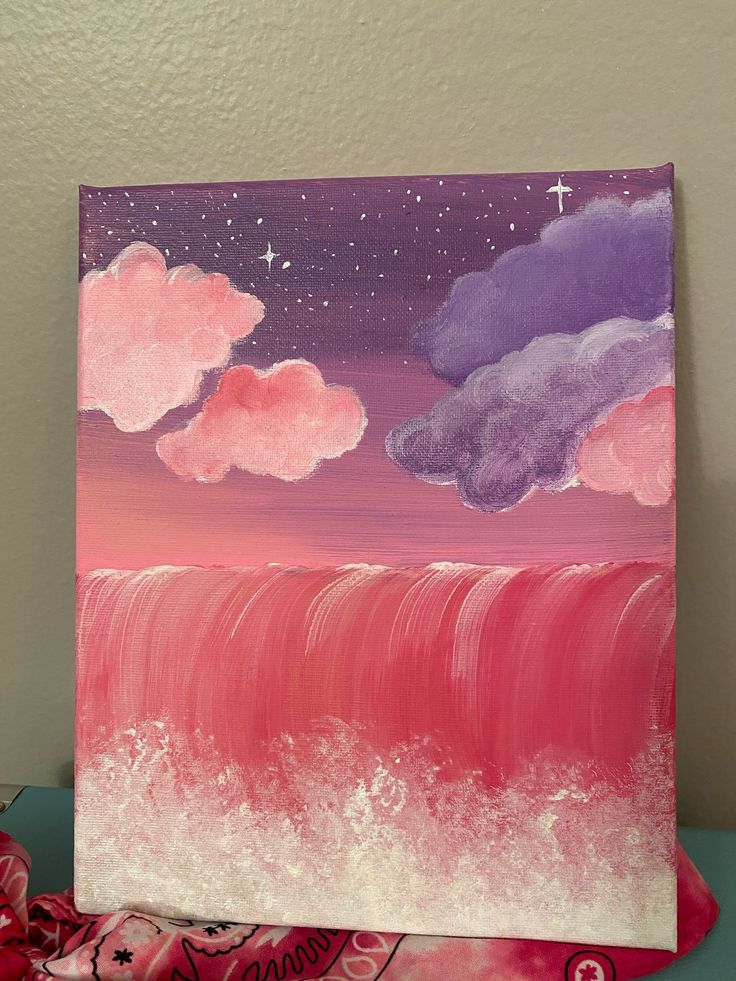 an acrylic painting of waves and stars in the night sky with pink clouds