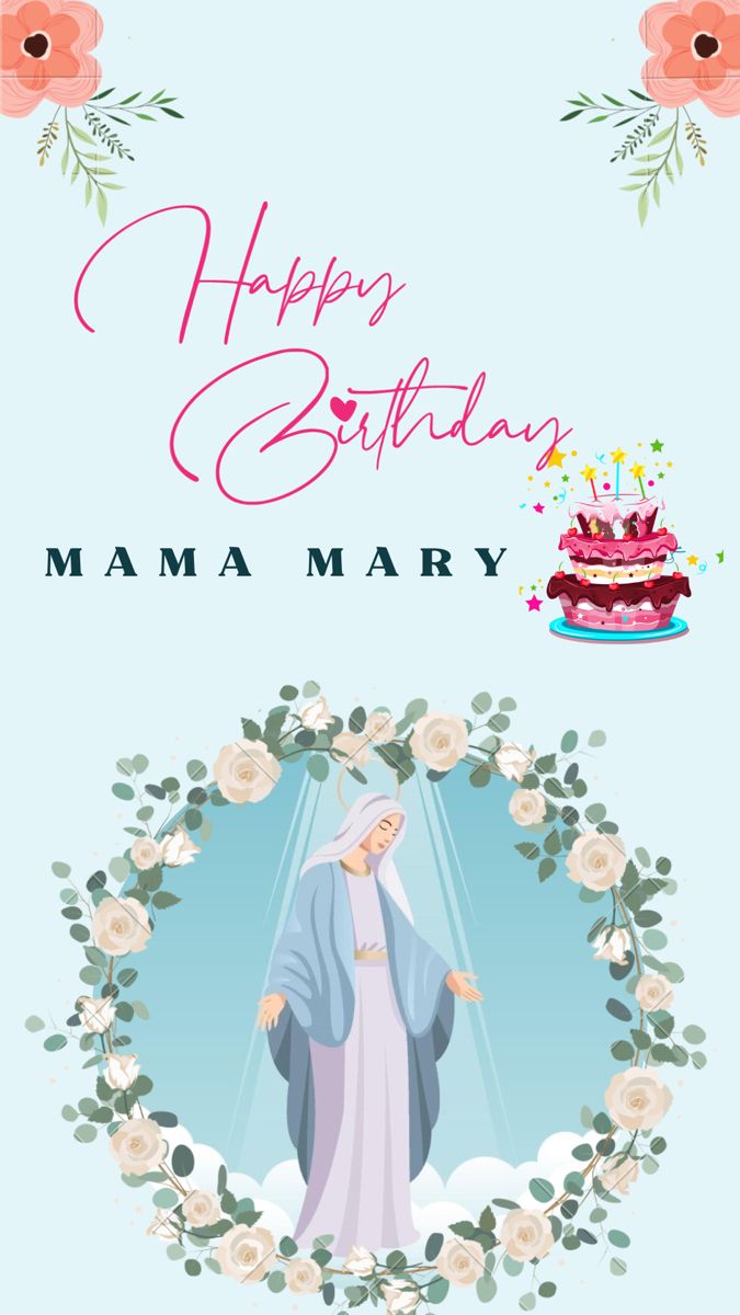 the happy birthday card for mamma mary, with flowers and cake in the background