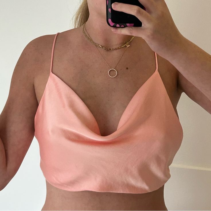 - Backless String Too - New Without Tags - Peach Salmon Color Pink Tops With Built-in Bra For Day Out, Pink Party Tops With Built-in Bra, Pink Top With Built-in Bra For Night Out, Pink Tops With Built-in Bra, Pink Crop Top For Spring Party, Pink V-neck Crop Top For Summer, Pink Crop Top With Built-in Bra For Spring, Feminine Cami Crop Top For Party, Pink Camisole For Spring Party