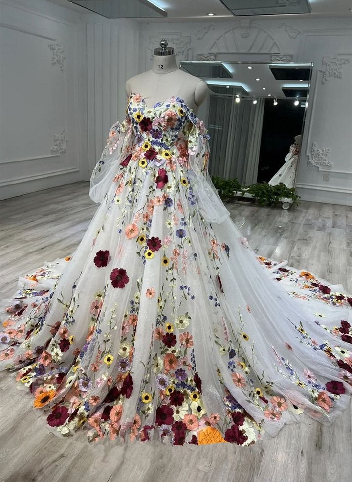 Glam Fairy Tulle Sweetheart 3D Floral Flowers Wedding Dress, Floral Fo - dreamydressprom Multi Color Wedding Dress, Wedding Dresses Embroidery Flowers, Plus Size Wedding Dresses Colorful, Dress Covered In Flowers, Colorful Bridal Gown, Bright Floral Wedding Dress, White Wedding Dress With Colored Flowers, Colourful Floral Wedding Dress, Red Floral Wedding Dress