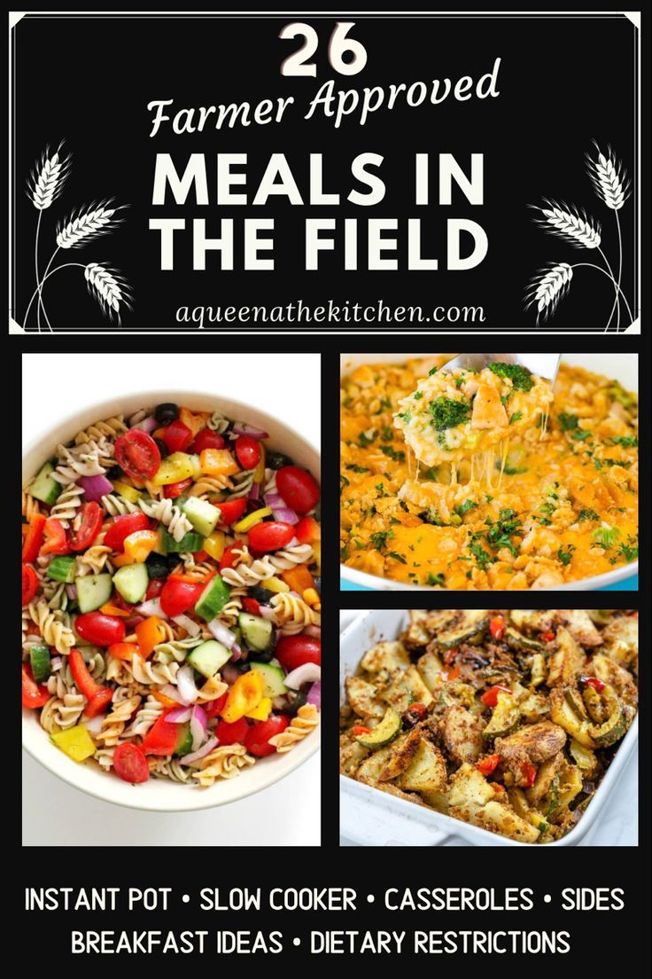 A collage of food dishes with text that reads 26 Farmer Approved meals in the field Farmer Friendly Meals, Supper In The Field Ideas, Meals For Harvest Crew, Meals For Farmers In The Field The Farm, Farmer Meals To Go, Tractor Meals For Farmers, Harvest Meals In The Field, Field Meals For Farmers, Meals In The Field