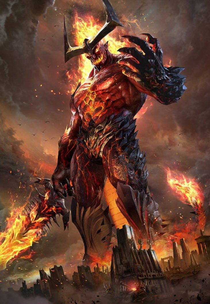 a demonic demon standing in the middle of a city with flames coming out of it