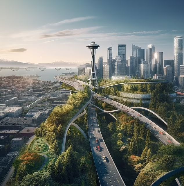 an artist's rendering of the seattle skyline from above, with highway and traffic