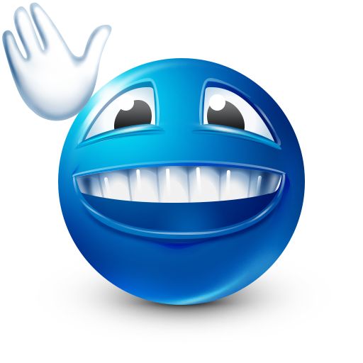 a blue smiley face with white teeth and hands