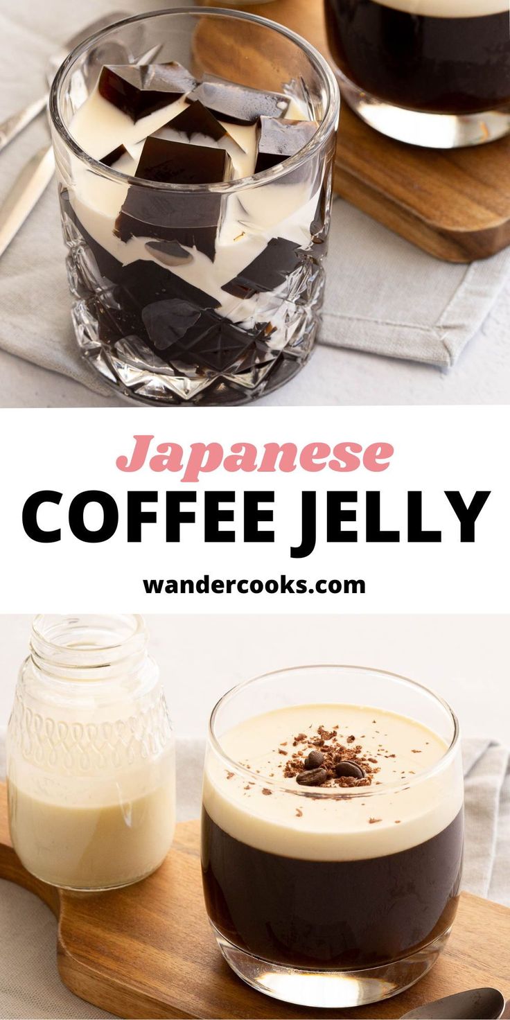 japanese coffee jelly in a glass on a wooden tray