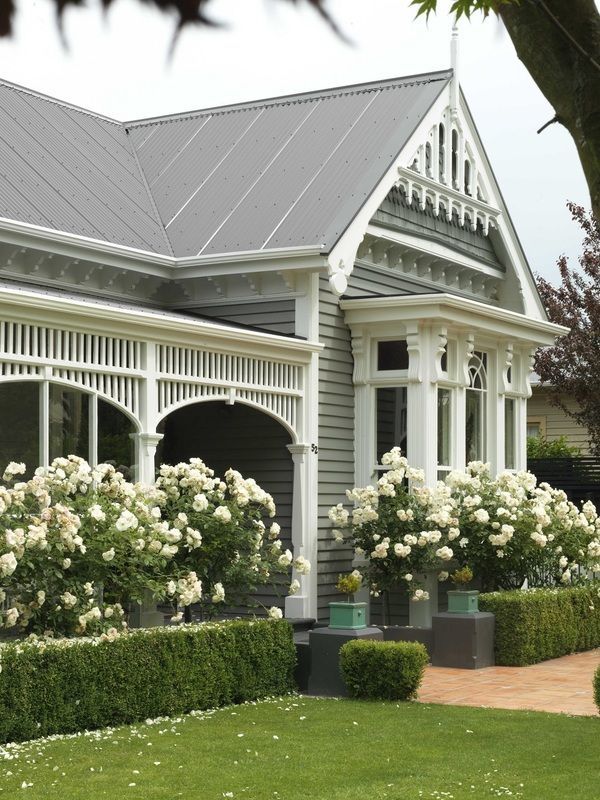 a house with white flowers in front of it