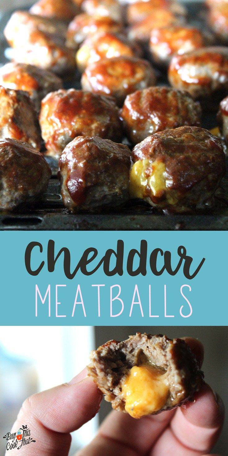 a hand holding a meatball with cheese on top and the words cheddar meatballs