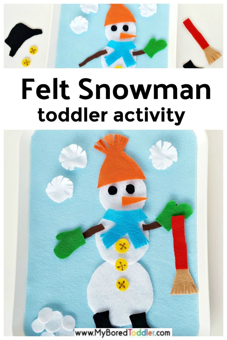 felt snowman toddler activity for winter with the words felt snowman on it