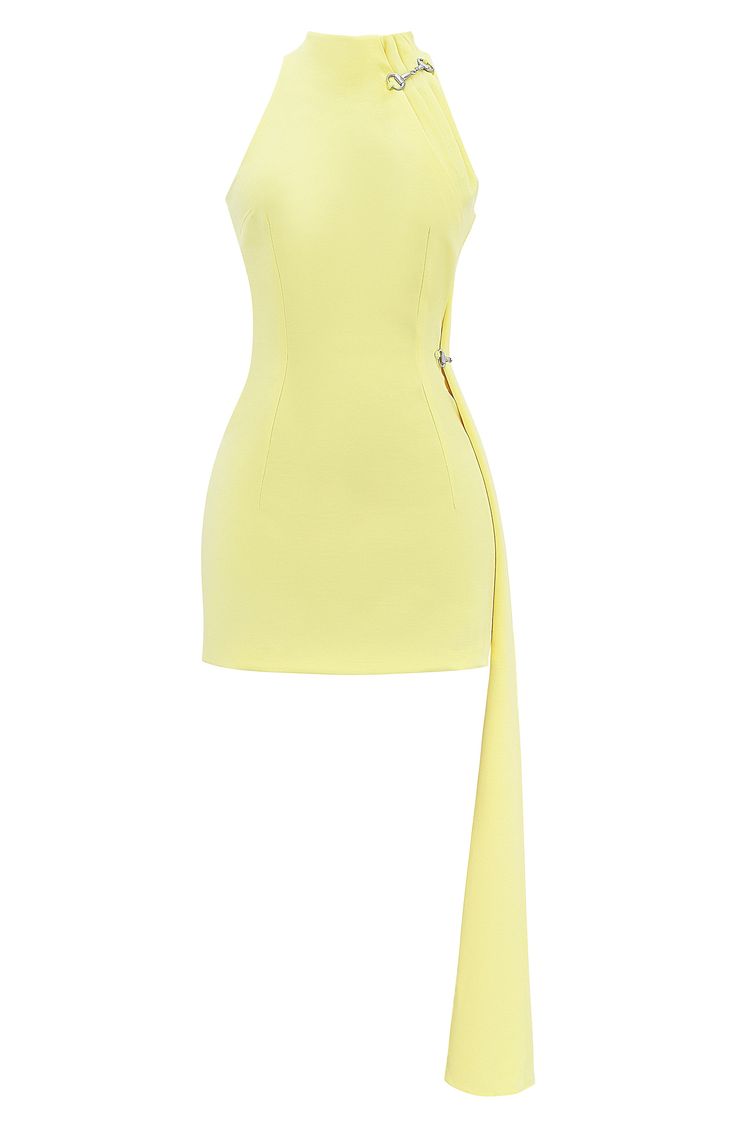 A drapey detail drops below the hemline of this curve-hugging minidress topped by a funnel neck with pleats and gleaming hardware. Exclusive retailer Back zip closure Funnel neck Sleeveless Stretch lining 65% polyester, 15% recycled polyester Dry clean Imported Virgo Outfits, Short Yellow Dress, Pretty Mini Dresses, Cocktail Dress Elegant, Cocktail Dress Classy, High Neck Bodycon Dress, Classy Fits, Dinner Dates, Vegas Outfit