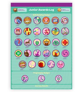 the junior awards log is shown on a blue background with pink and purple circles around it