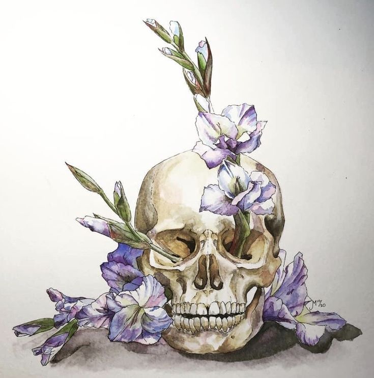 a watercolor painting of a human skull with flowers on its head