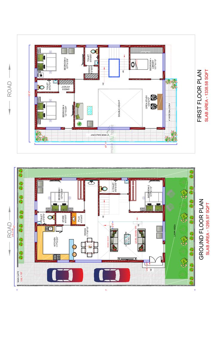 two floor plans showing the living area and kitchen