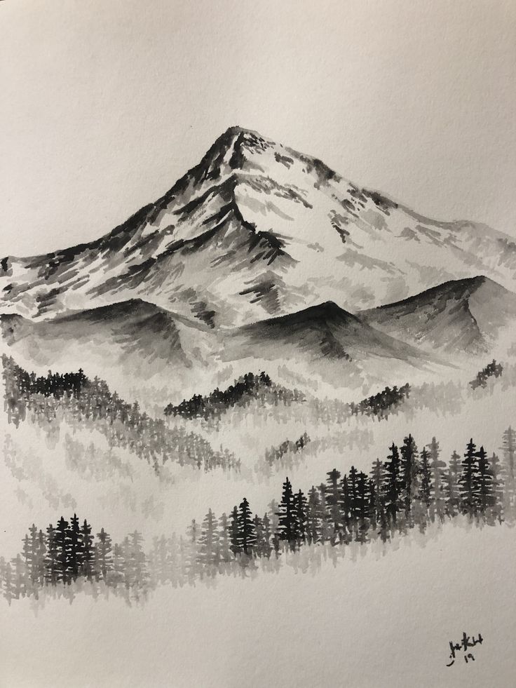 a drawing of a mountain with trees in the foreground and snow on the top