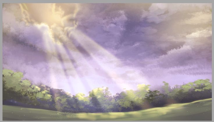 an artistic painting of the sun shining through clouds over a green field with trees in the foreground