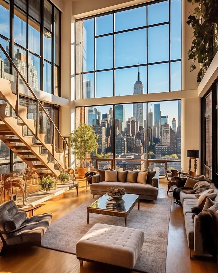 a living room filled with lots of furniture and tall buildings in the background, there is a staircase leading up to an upper floor