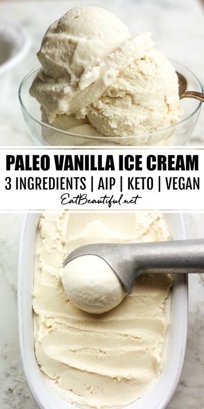 three different types of ice cream in bowls with spoons on the side and text overlay that reads, paled vanilla ice cream 3 ingredients i aip keto vegan