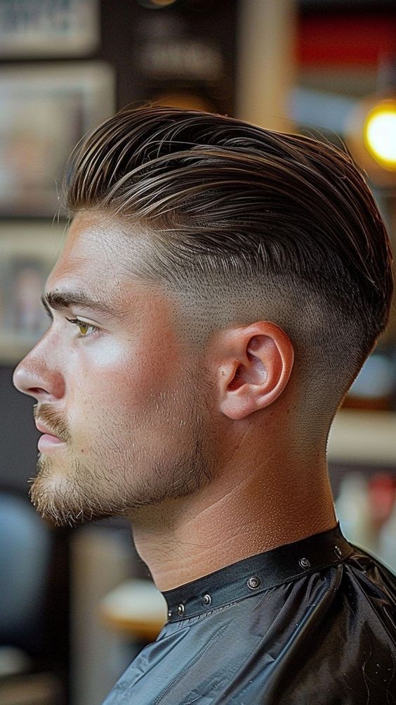 Men Comb Back Hairstyle, Feathered Haircut Men, Mens Hairstyles Wedding, Men’s Slick Back Haircut, Men’s Fade Long On Top, Fade On Sides Long On Top Men, Men’s Short Slicked Back Hair, Men’s Pompadour Hairstyle, Come Over Haircut Men