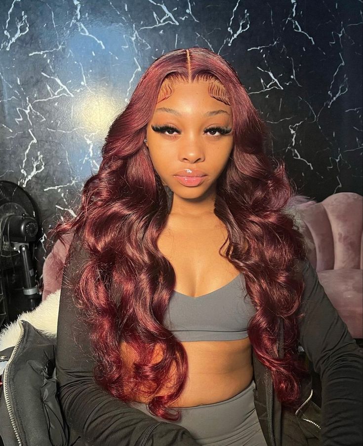 Burgundy Middle Part, Red Wig On Brown Skin, Burgundy Frontal Wig Styles, Burgundy Lace Front Wig Black Women, Burgundy Lace Front Wig, Dark Burgundy Wig, Burgundy Wig Install, Burgundy Wigs For Black Women, Burgundy Wig