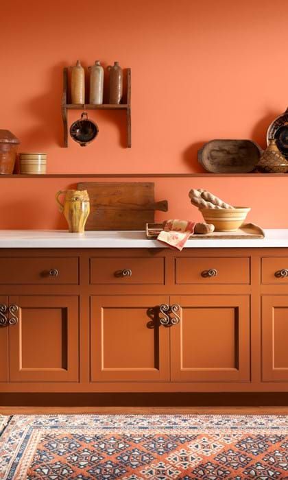 Kitchen Wall Paint Colors, Terra Cotta Kitchen, Burnt Orange Kitchen, Orange Kitchen Walls, Kitchen Wall Paint, Orange Cabinets, Orange Kitchen Decor, Paint For Kitchen Walls, Brown Cabinets