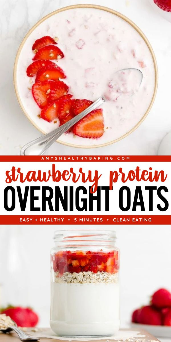 Start the day with some Healthy Strawberry Protein Overnight Oats! This easy healthy breakfast is egg free, clean eating, low fat, high protein, low sugar, and nut free with gluten free, dairy free, and vegan options. Save this healthy recipe for overnight oatmeal! Healthy Overnight Oats Clean Eating, Strawberry Protein Overnight Oats, Overnight Oats Strawberry, Low Fat High Protein, Easy Oatmeal Recipes, 90s Playlist, Strawberry Overnight Oats, Fresh Strawberry Recipes, Protein Overnight Oats