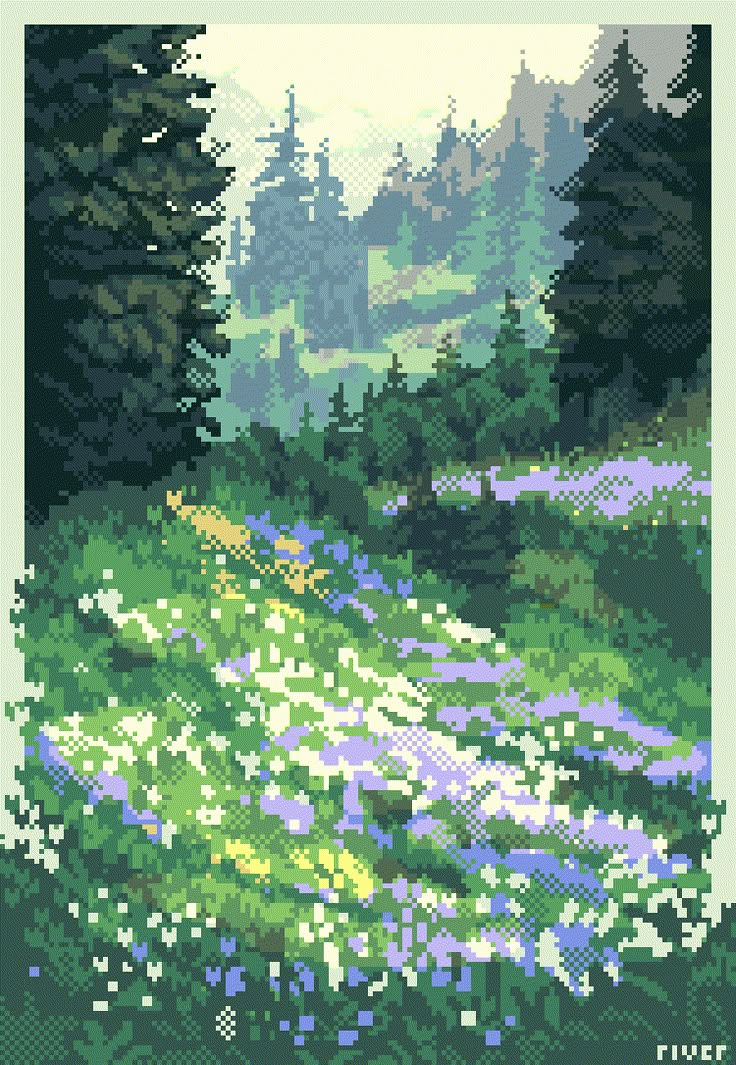 a cross - stitch landscape with trees and flowers in the foreground is an image of bluebells