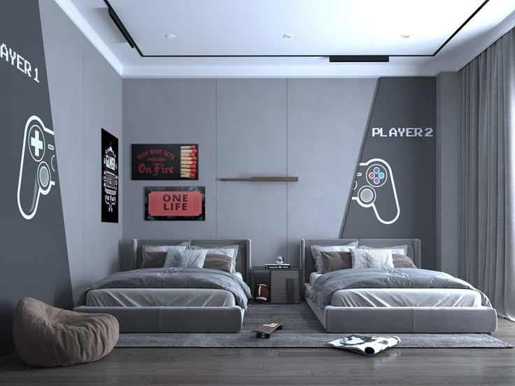 a bedroom with two beds, one has a video game controller painted on the wall