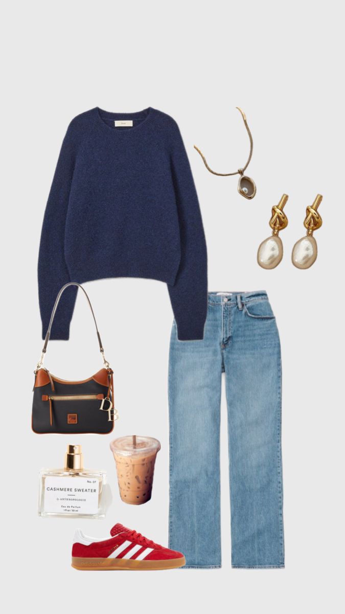 Fall outfits Navy sweater jeans and red gazelles pearl jewelry casual fall outfit inspo 2024 Navy Sweater Outfit Women, Navy Sweater And Jeans Outfit, Navy And Red Outfit, Pearl Outfits, Navy Sweater Outfit, Pearl Outfit, Sweater And Jeans Outfit, Casual Fall Outfit, Sweater Jeans