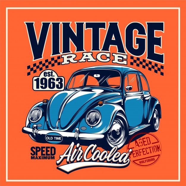 an old vw bug with the words vintage race on it's front and back